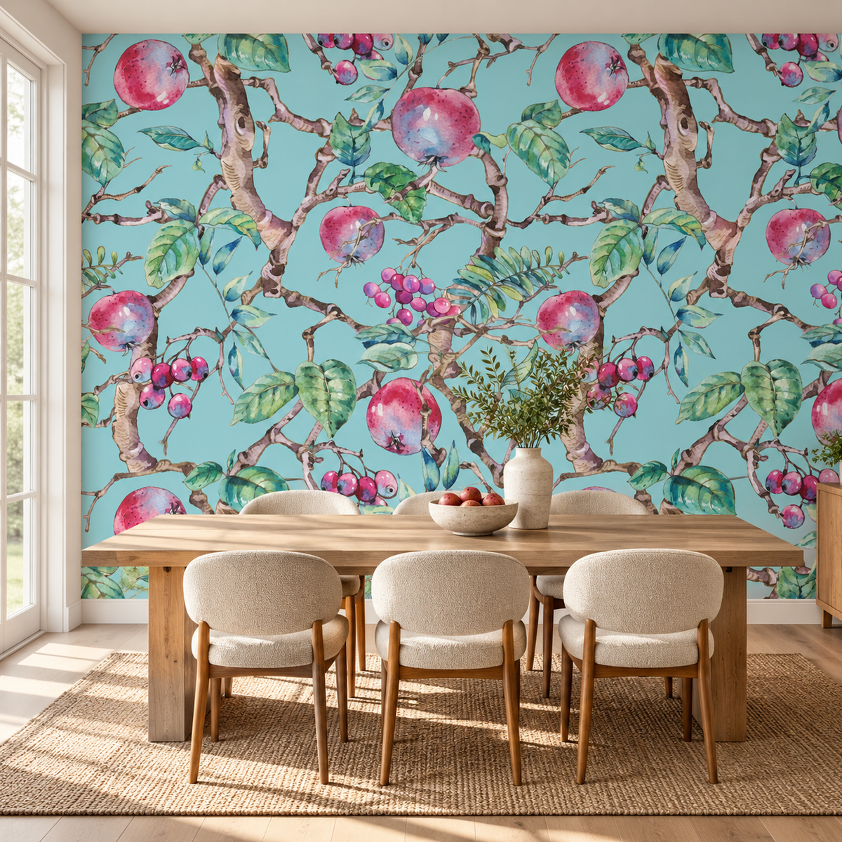 Orchard Bloom, peel and stick wallpaper styled on a feature wall