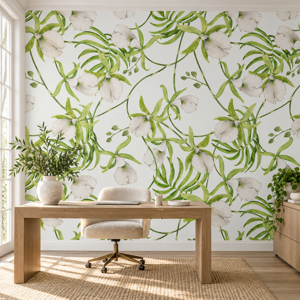 Orchid Cascade, peel and stick wallpaper styled on a feature wall