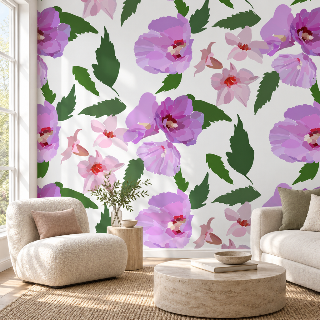 Orchid Scatter, peel and stick wallpaper styled on a feature wall
