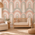 Oversized Rainbows in Boho Brown by Cat Bellini, peel and stick wallpaper styled on a feature wall