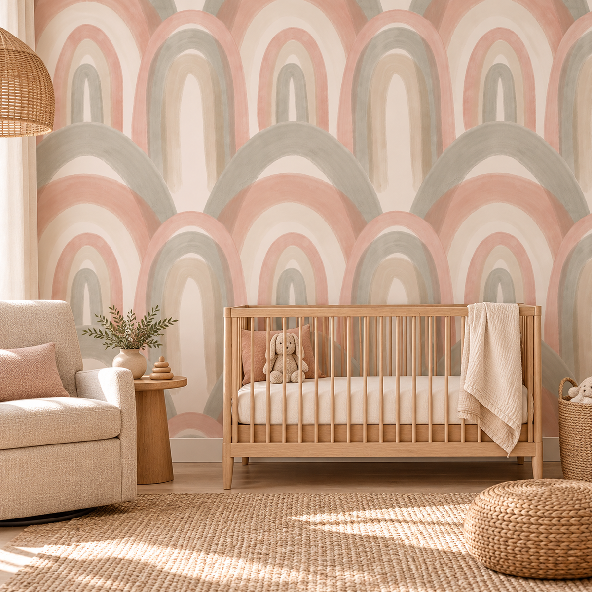 Oversized Rainbows in Boho Brown by Cat Bellini, peel and stick wallpaper styled on a feature wall