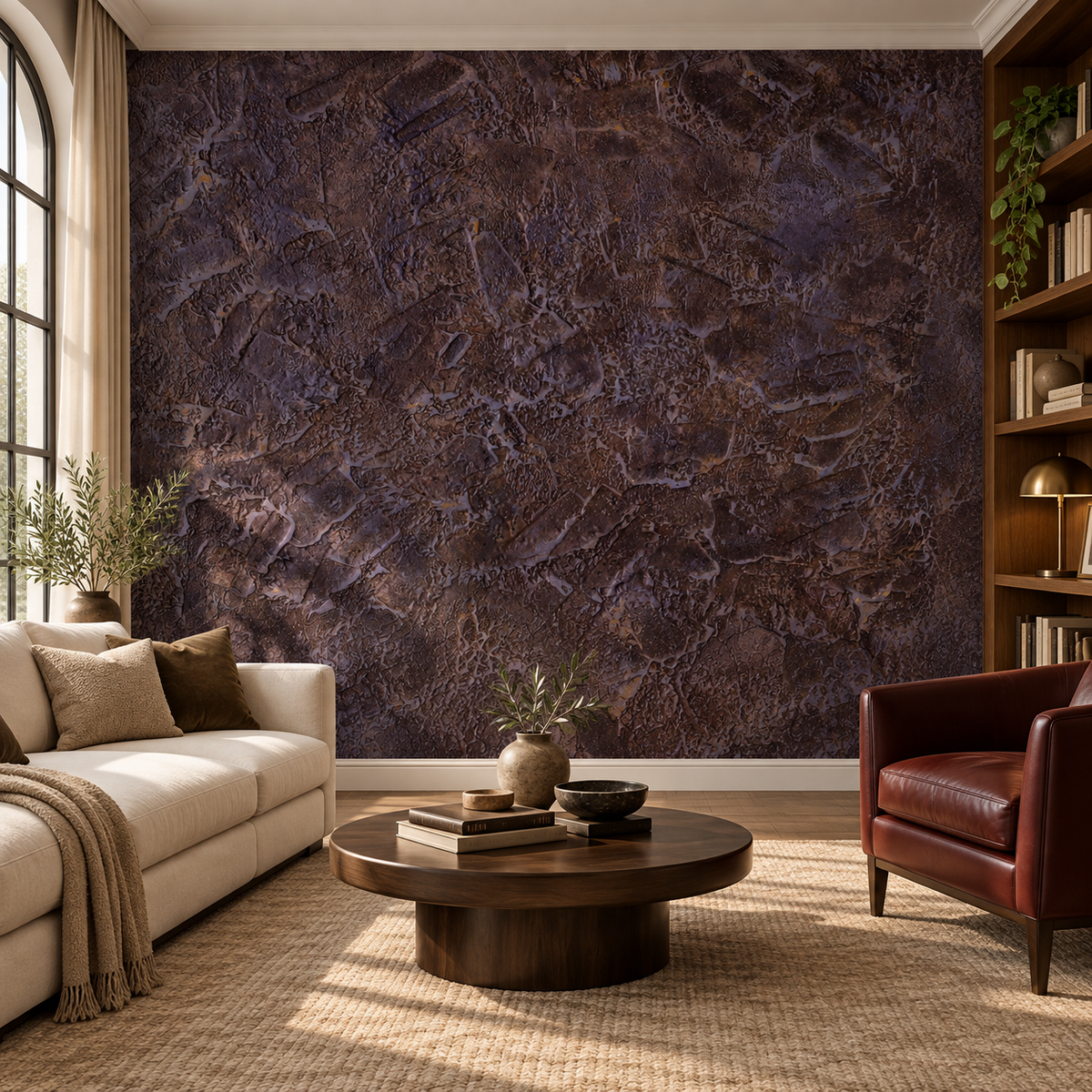 Oxblood Leather, peel and stick wallpaper styled on a feature wall