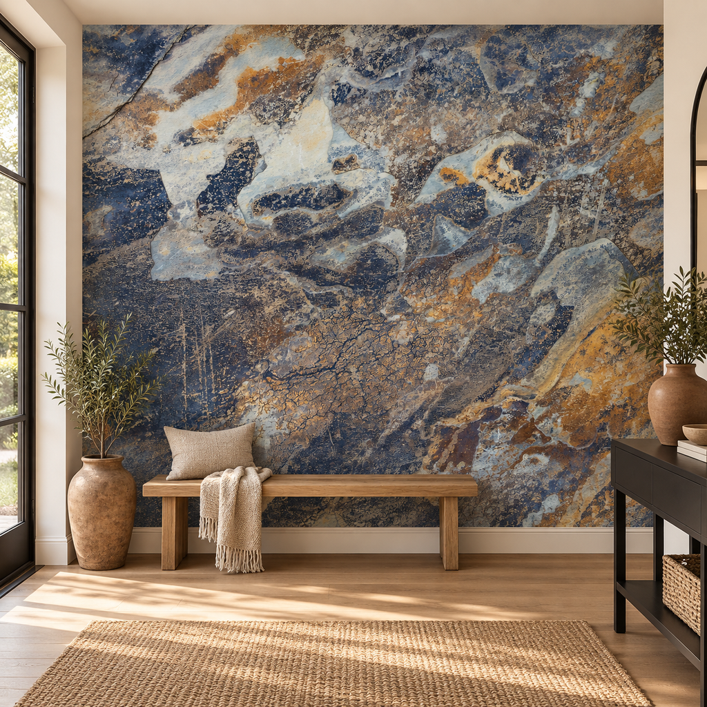Oxide Stone, peel and stick wallpaper styled on a feature wall