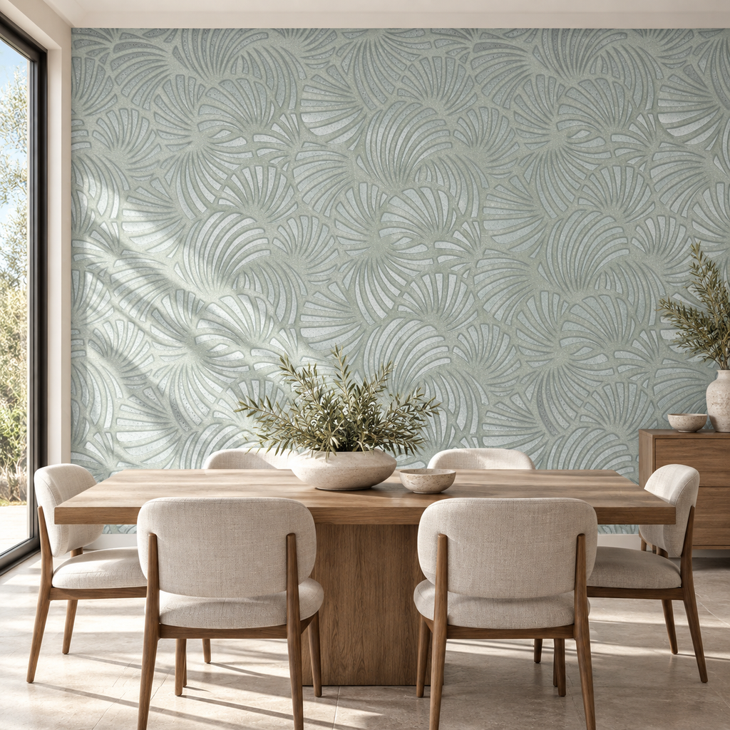 Palm Emboss, peel and stick wallpaper styled on a feature wall