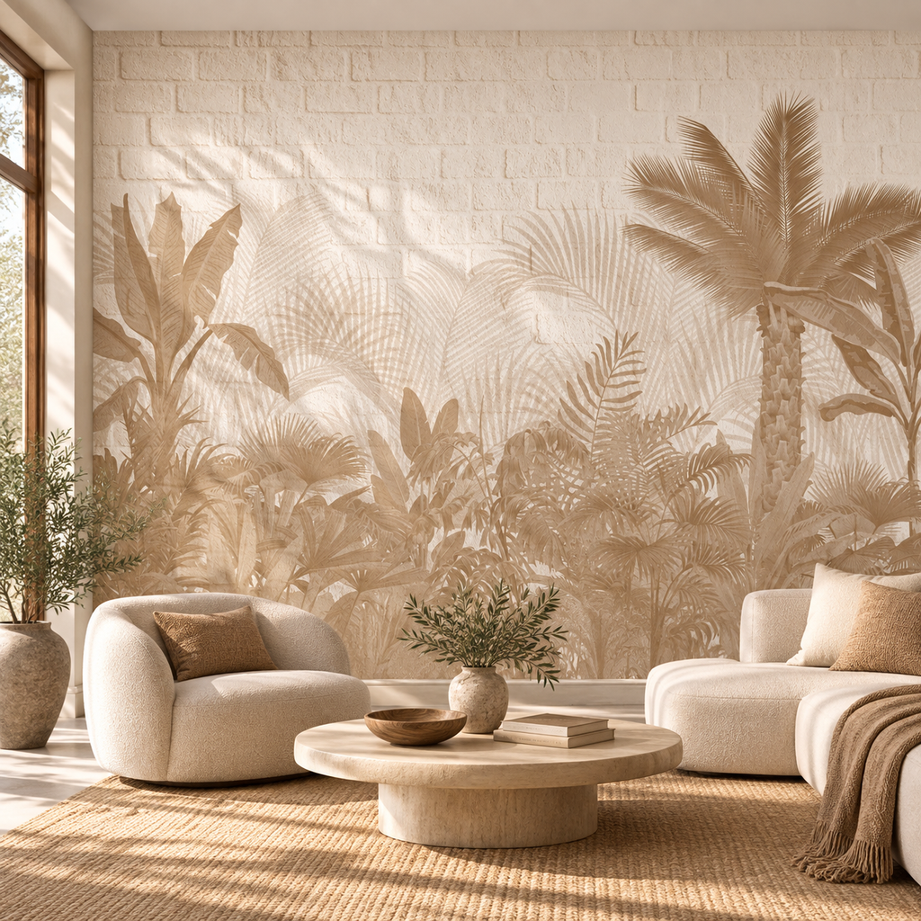 Palm Shadows, peel and stick wallpaper styled on a feature wall