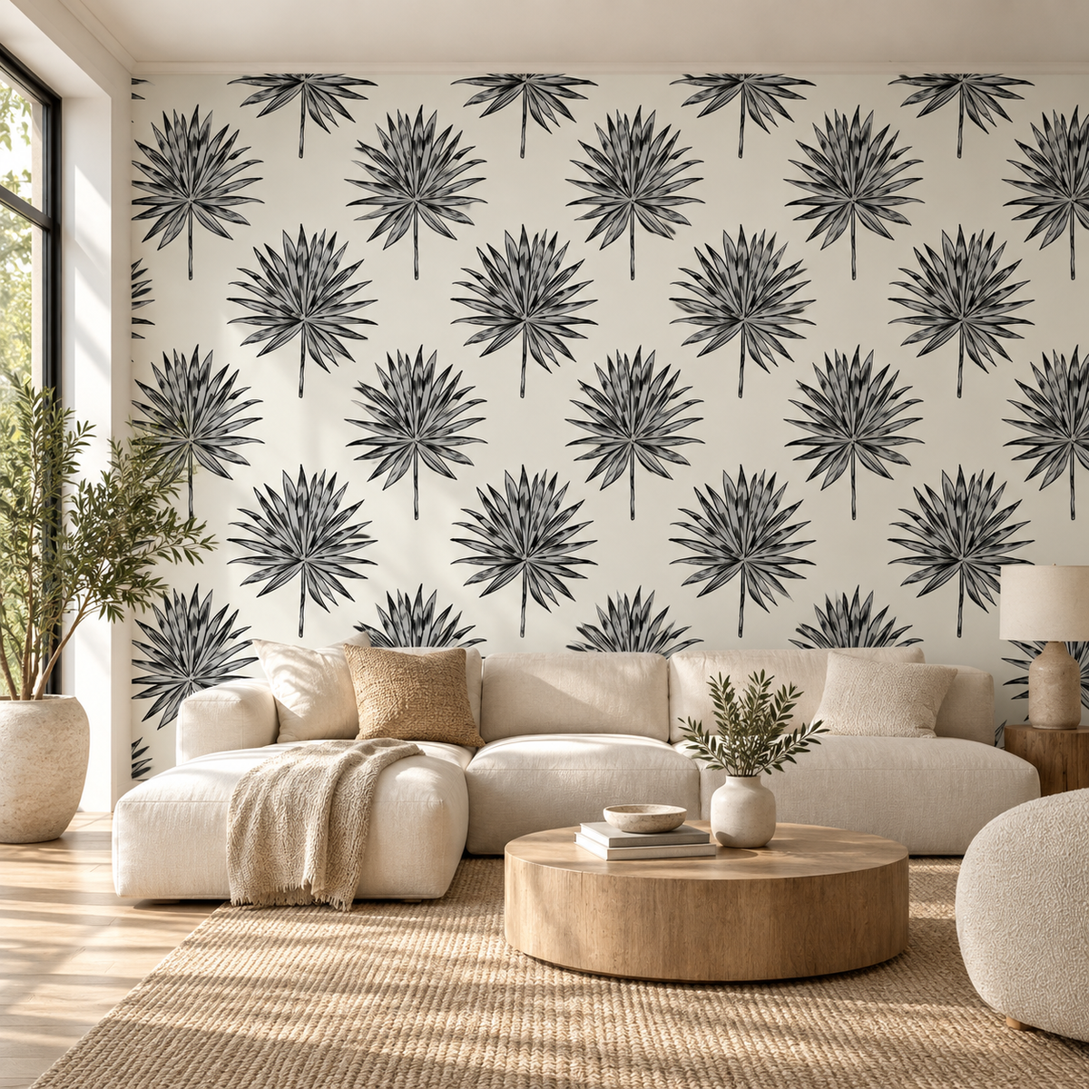 Palm Sketch, peel and stick wallpaper styled on a feature wall