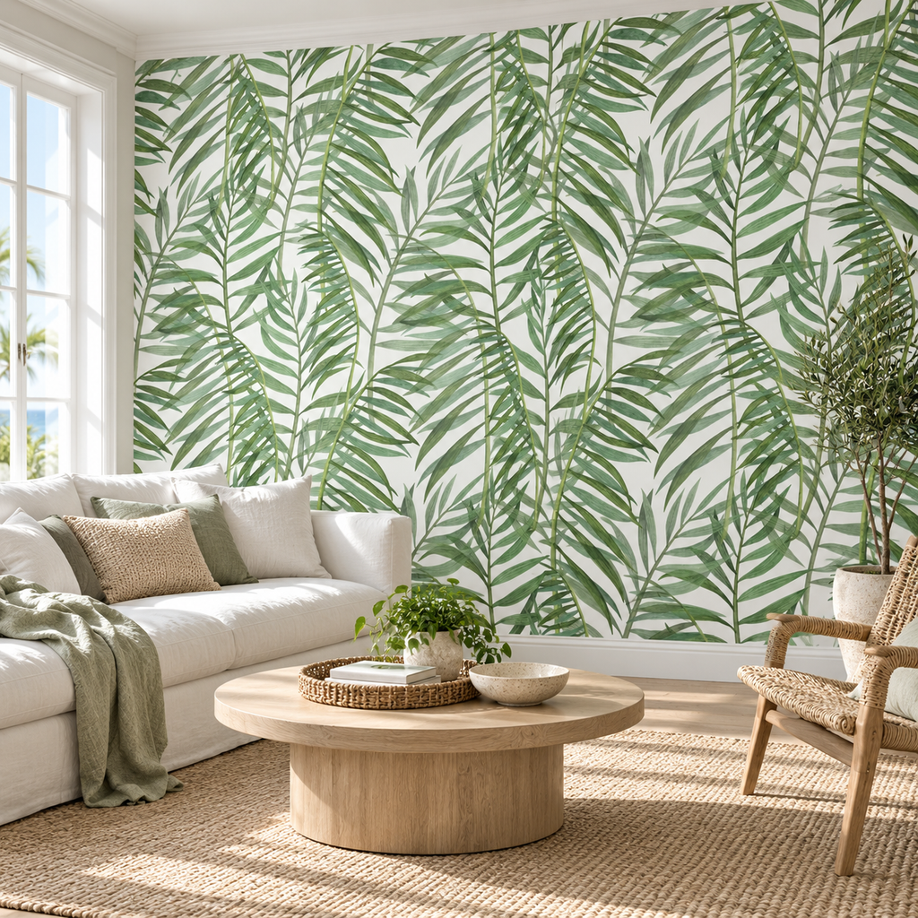 Watercolour Palms, peel and stick wallpaper styled on a feature wall