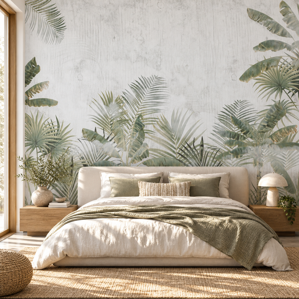Palm Whisper, peel and stick wallpaper styled on a feature wall