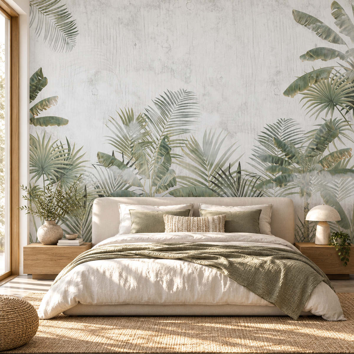 Palm Whisper, peel and stick wallpaper styled on a feature wall
