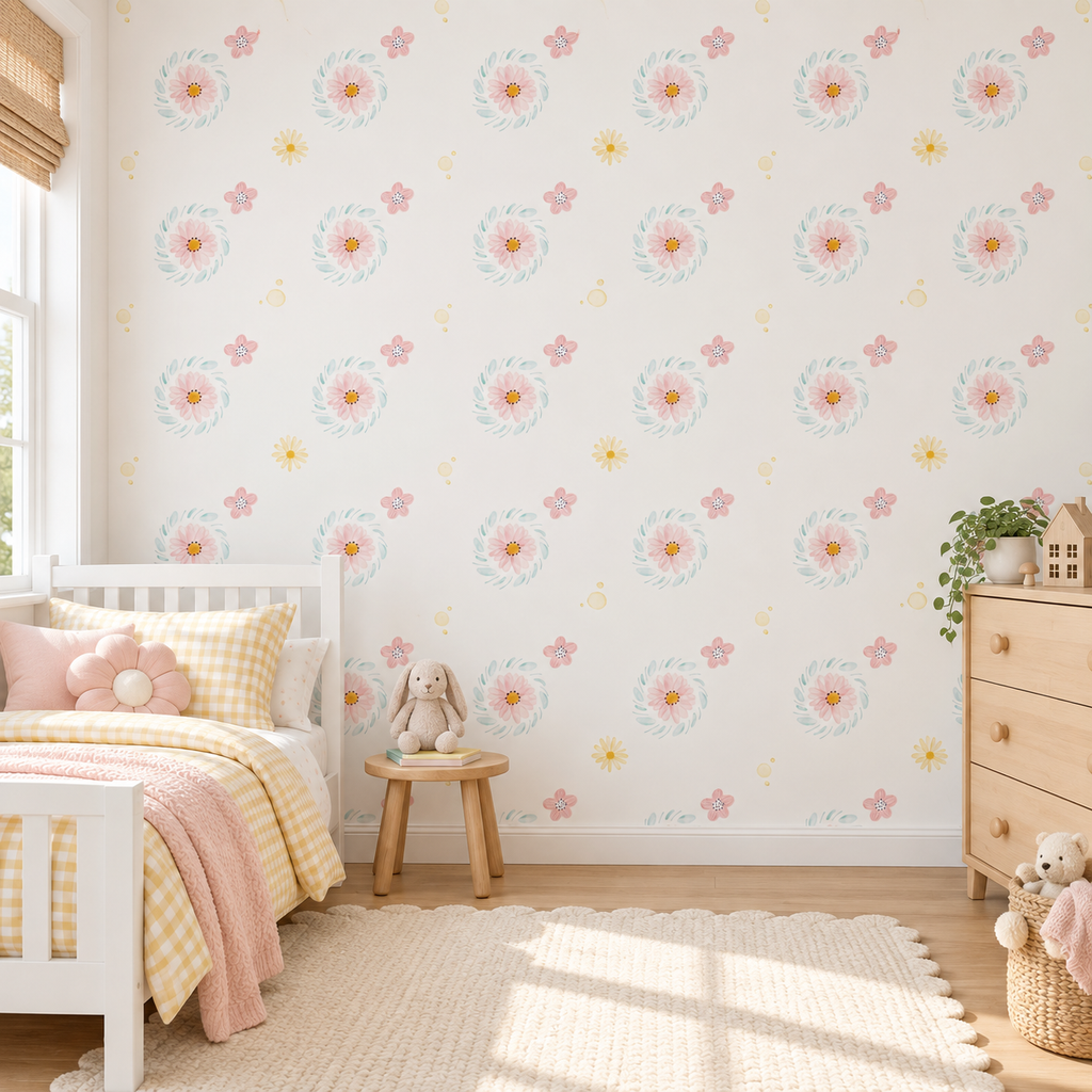 Pastel Daisies peel and stick wallpaper styled on a feature wall