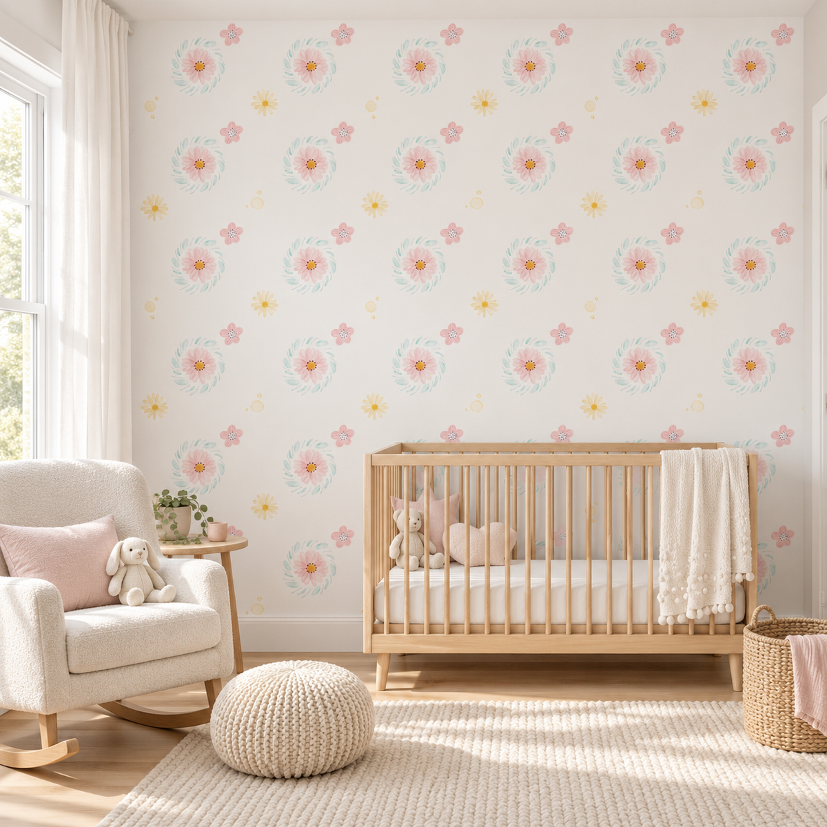 Spring Daisies, peel and stick wallpaper styled on a feature wall