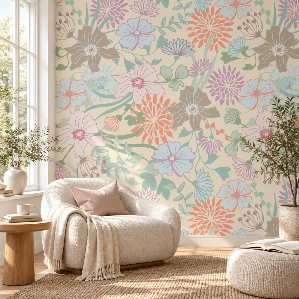 Pastel Garden, peel and stick wallpaper styled on a feature wall