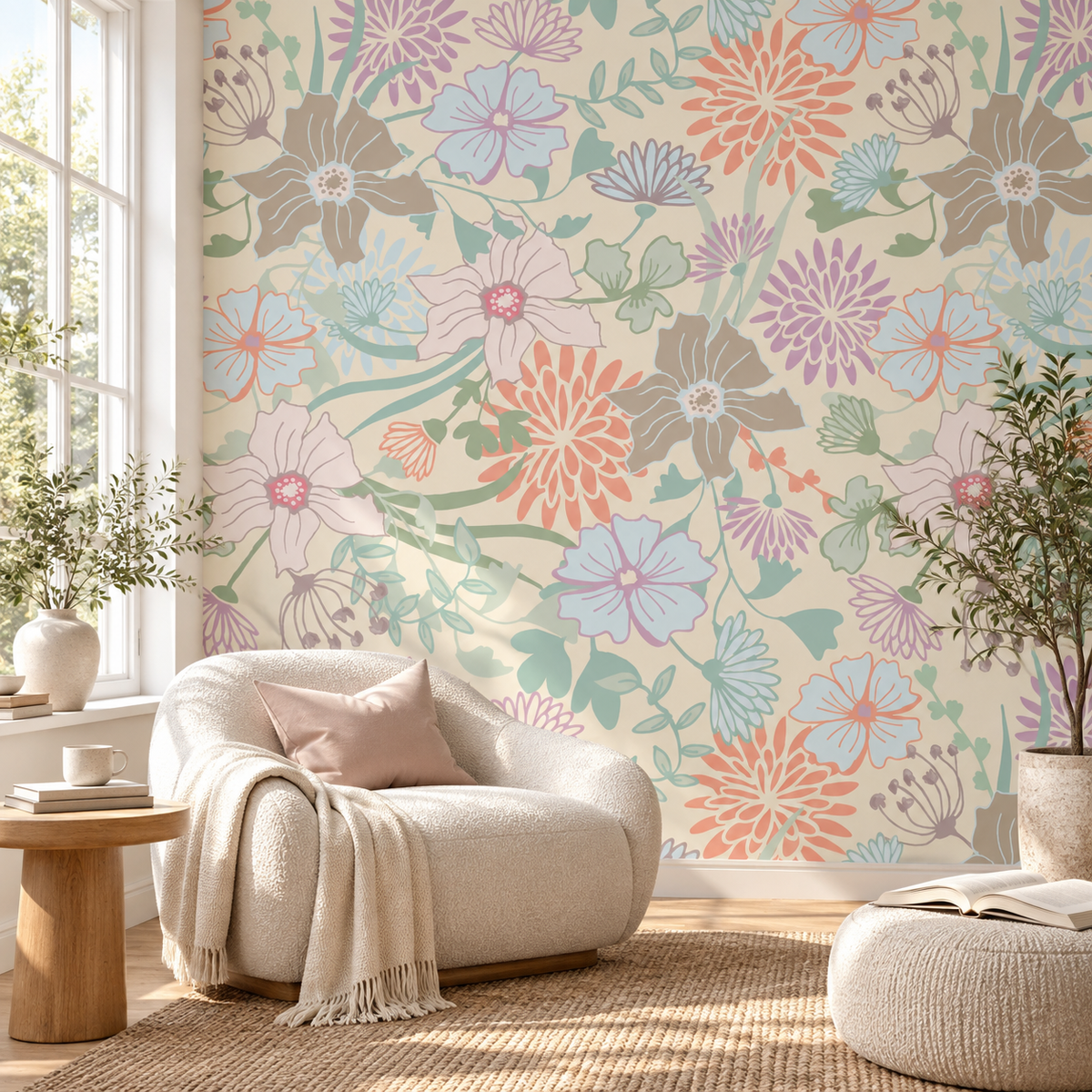 Pastel Garden, peel and stick wallpaper styled on a feature wall