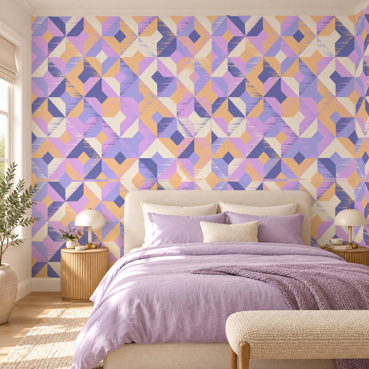 Pastel Geometry, peel and stick wallpaper styled on a feature wall