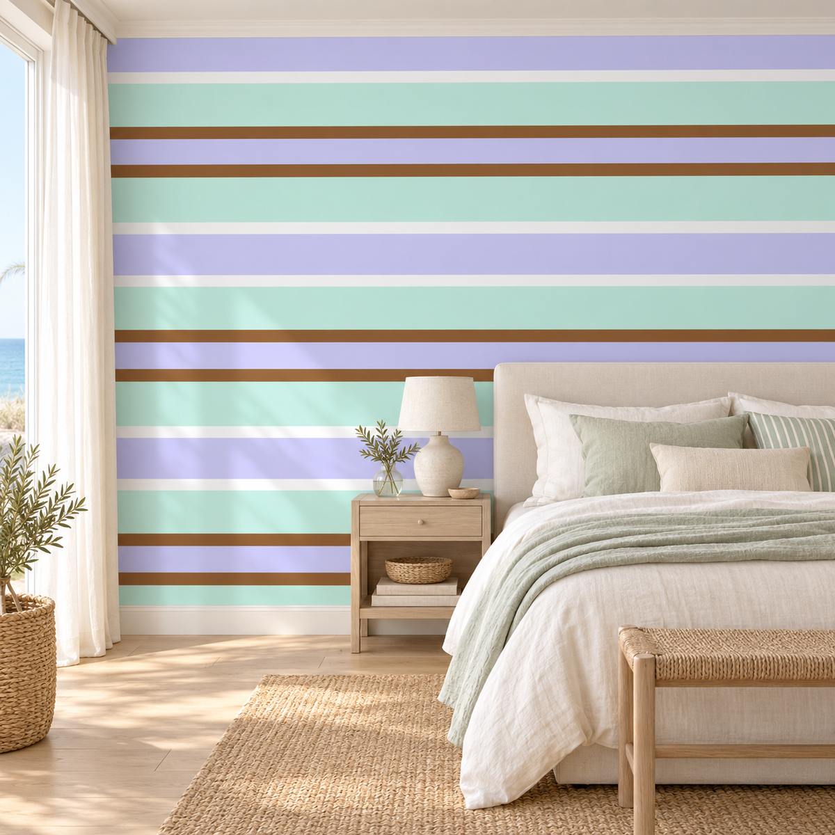 Pastel Harbor, peel and stick wallpaper styled on a feature wall