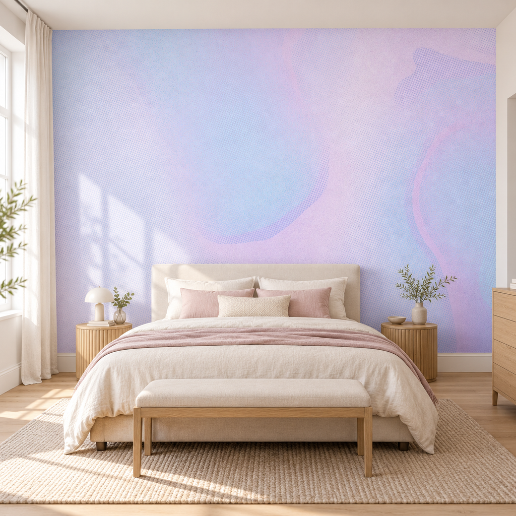Pastel Orbits, peel and stick wallpaper styled on a feature wall