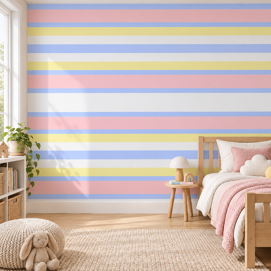 Pastel Parade, peel and stick wallpaper styled on a feature wall