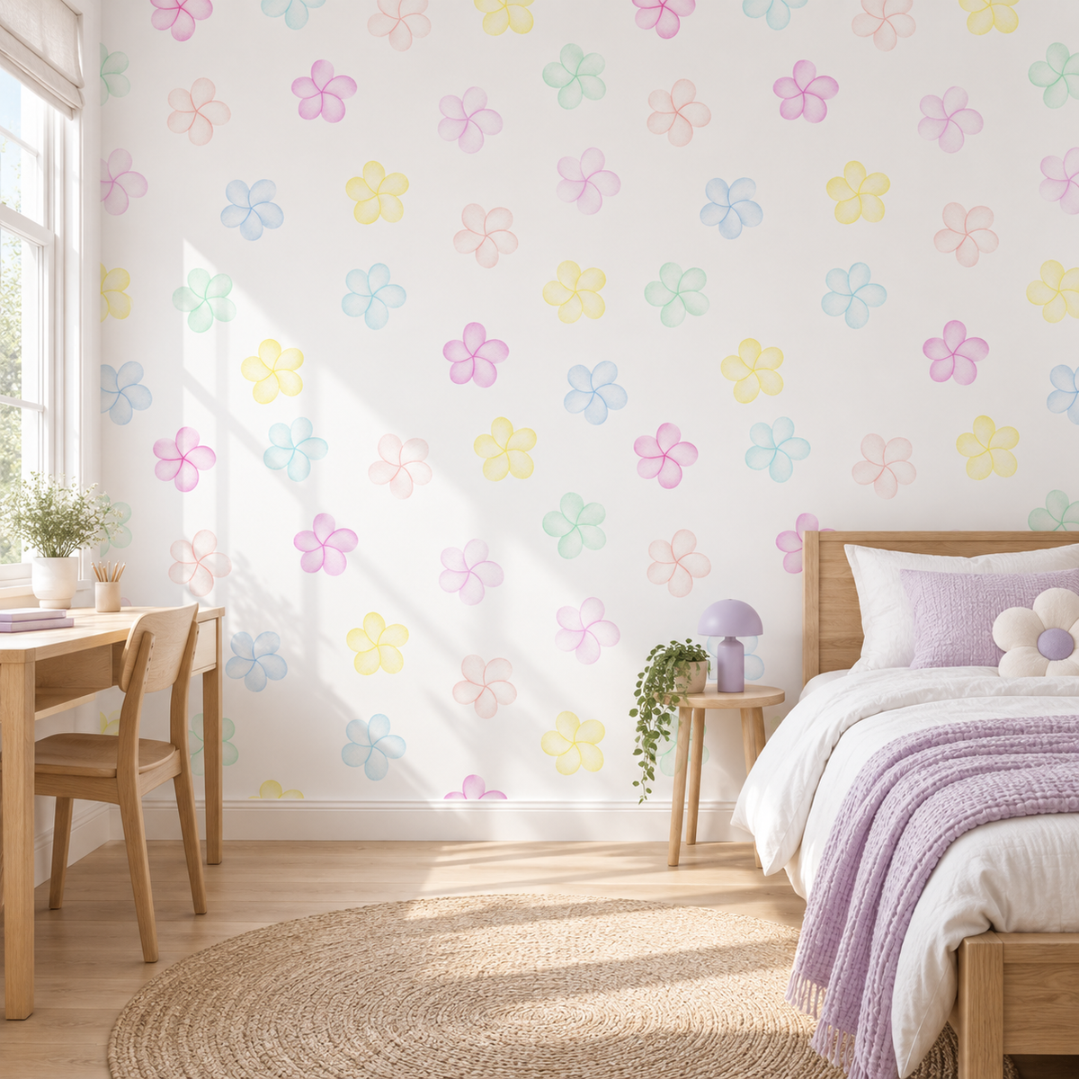 Pastel Petals peel and stick wallpaper styled on a feature wall