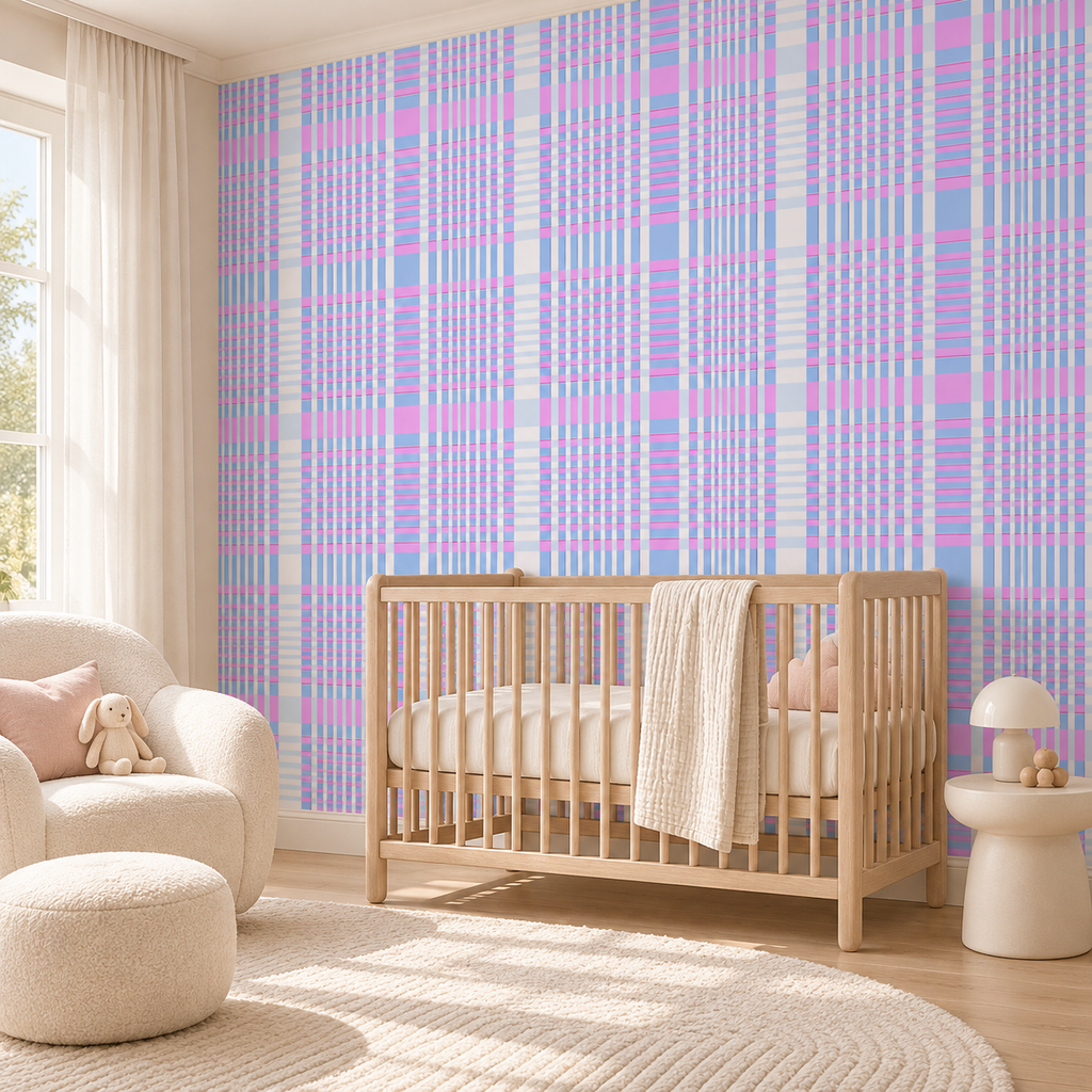 Pastel Plaid, peel and stick wallpaper styled on a feature wall