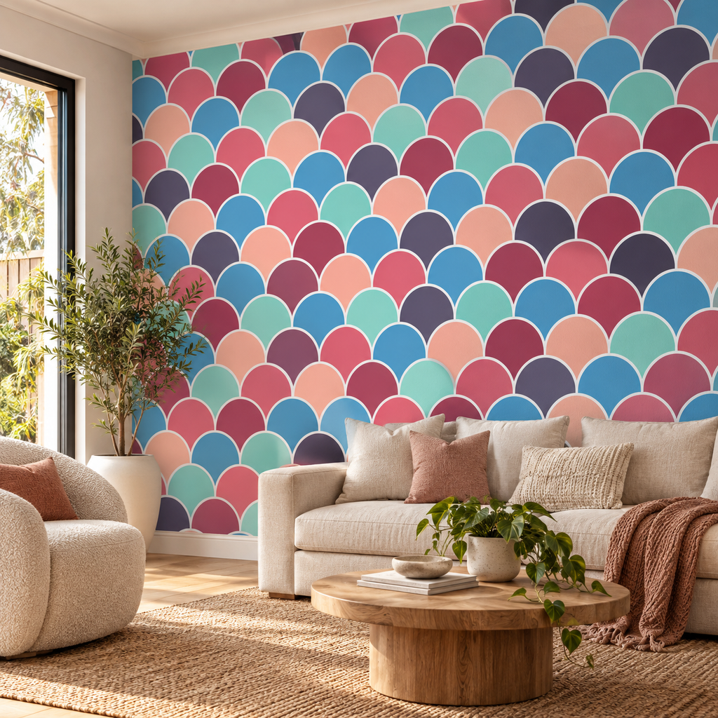 Pastel Scales, peel and stick wallpaper styled on a feature wall