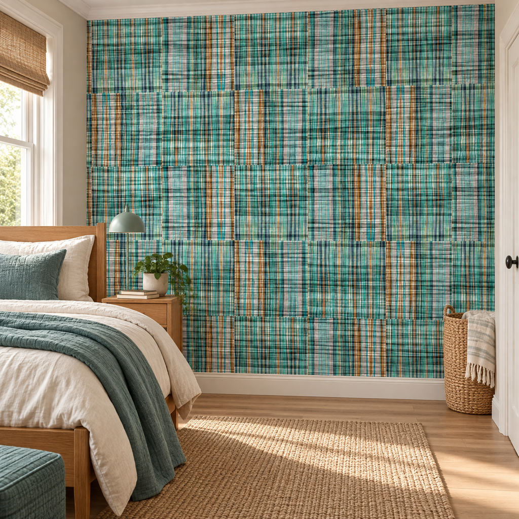 Teal Patchwork, peel and stick wallpaper styled on a feature wall