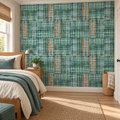 Teal Patchwork, peel and stick wallpaper styled on a feature wall