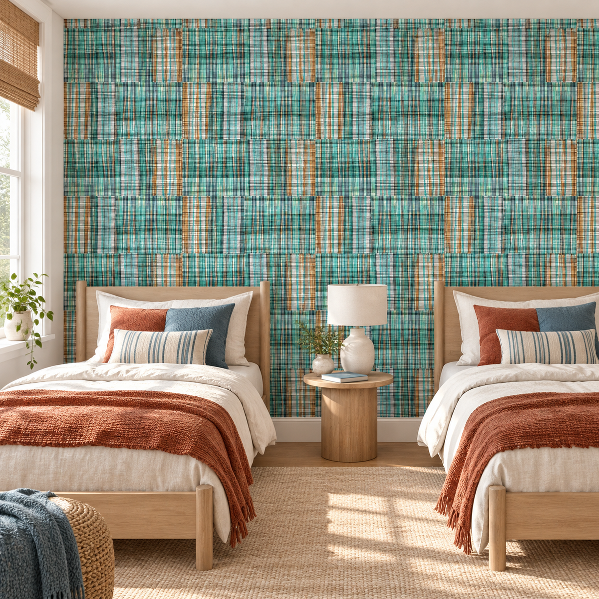 Patchwork Plaid peel and stick wallpaper styled on a feature wall