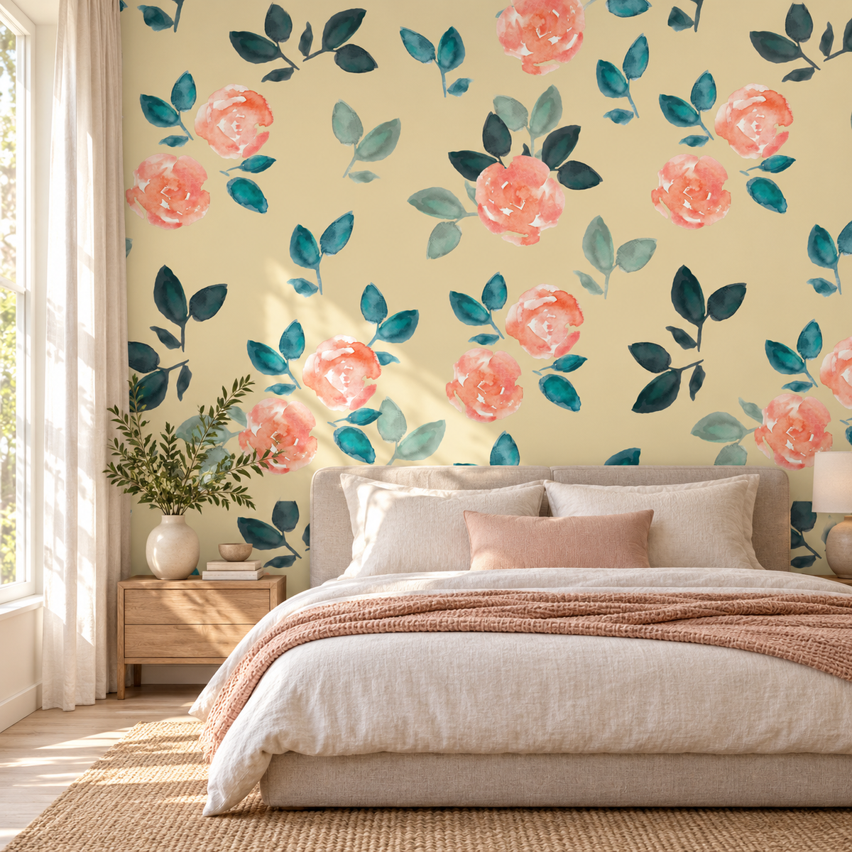 Peach Camellias, peel and stick wallpaper styled on a feature wall