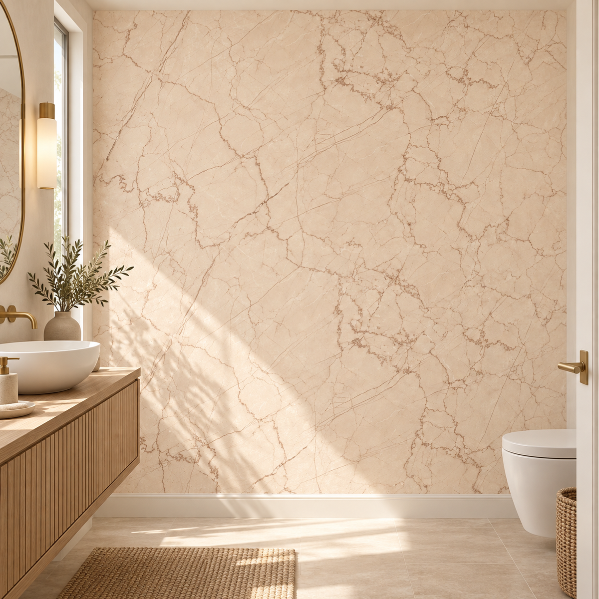 Peach Marble, peel and stick wallpaper styled on a feature wall