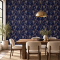 Peacock Midnight, peel and stick wallpaper styled on a feature wall