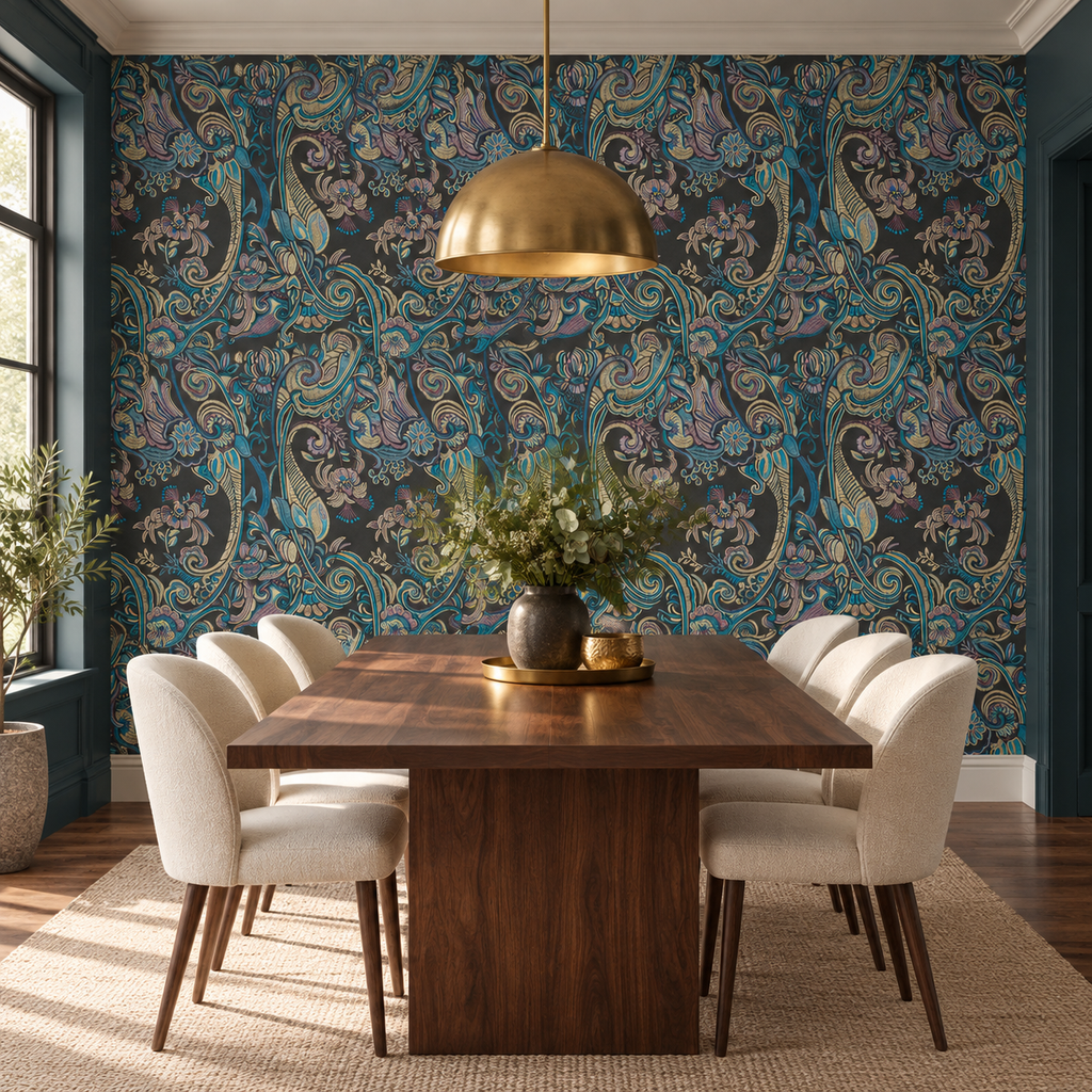 Peacock Paisley, peel and stick wallpaper styled on a feature wall