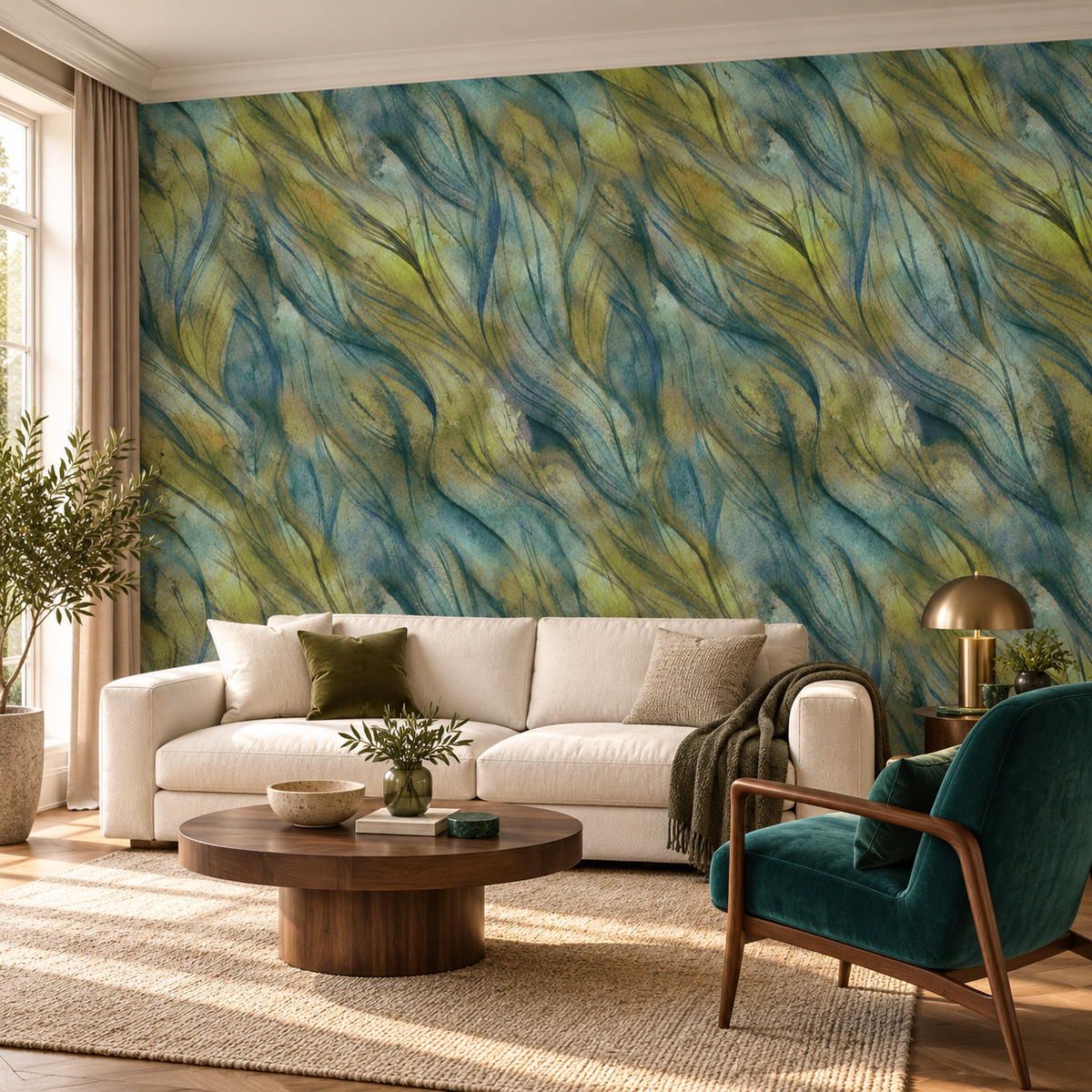 Peacock Plume, peel and stick wallpaper styled on a feature wall