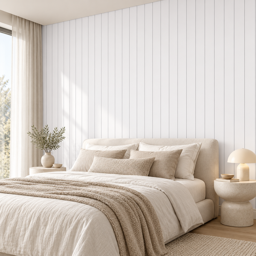 Pearl Panels, peel and stick wallpaper styled on a feature wall