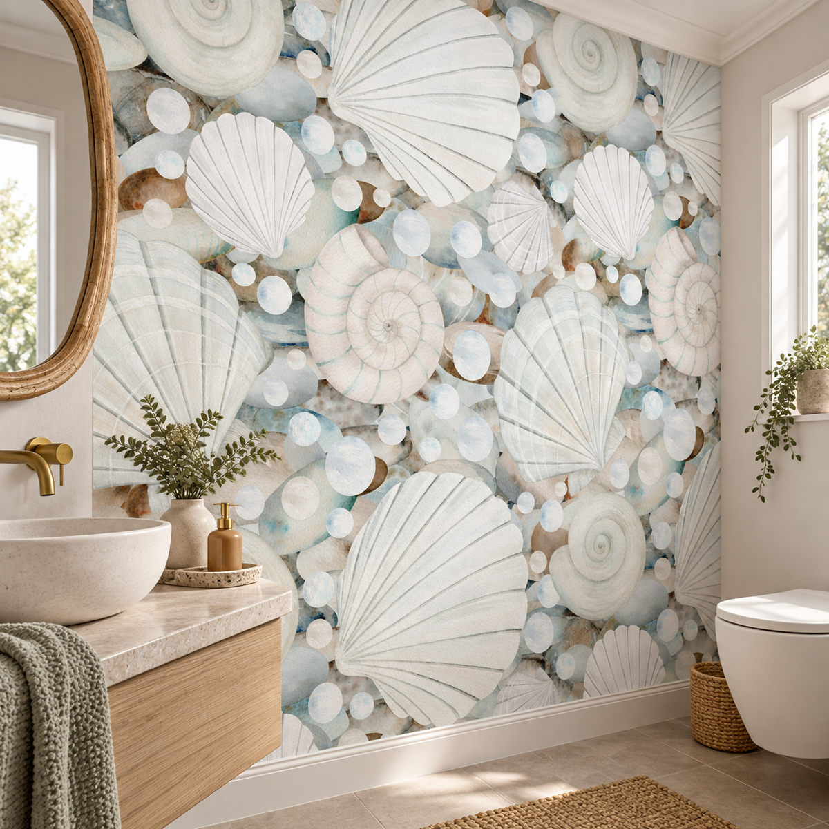 Pearl Shores, peel and stick wallpaper styled on a feature wall