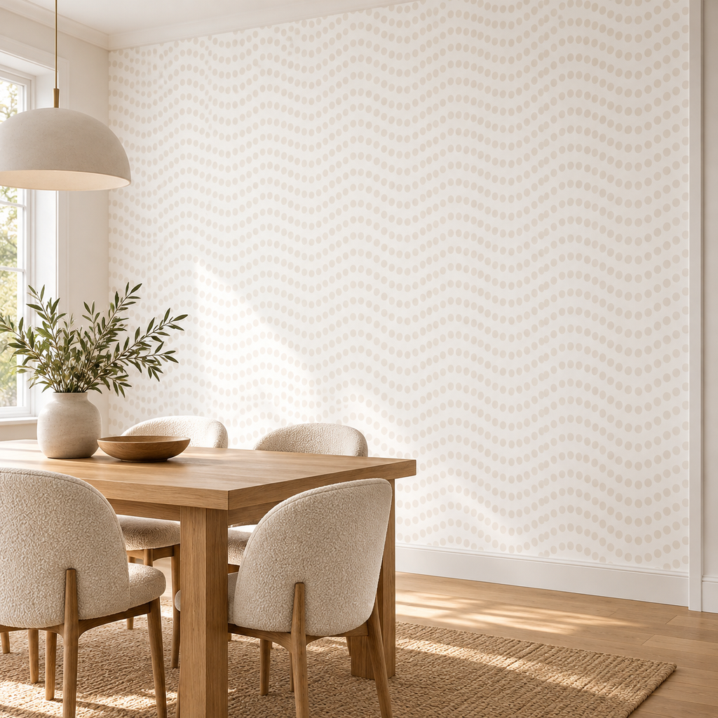 Pearl Waves, peel and stick wallpaper styled on a feature wall