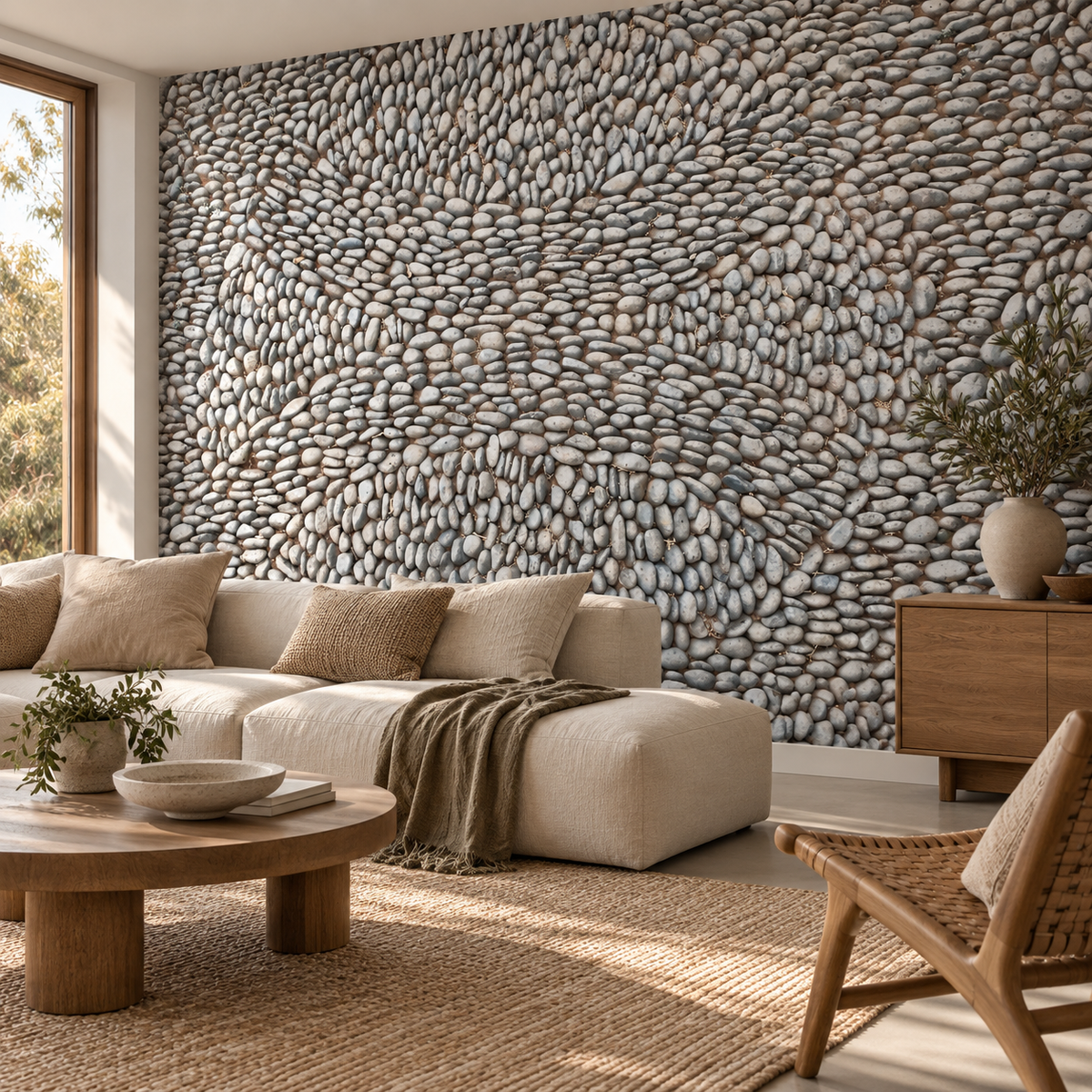 Pebble Mosaic, peel and stick wallpaper styled on a feature wall