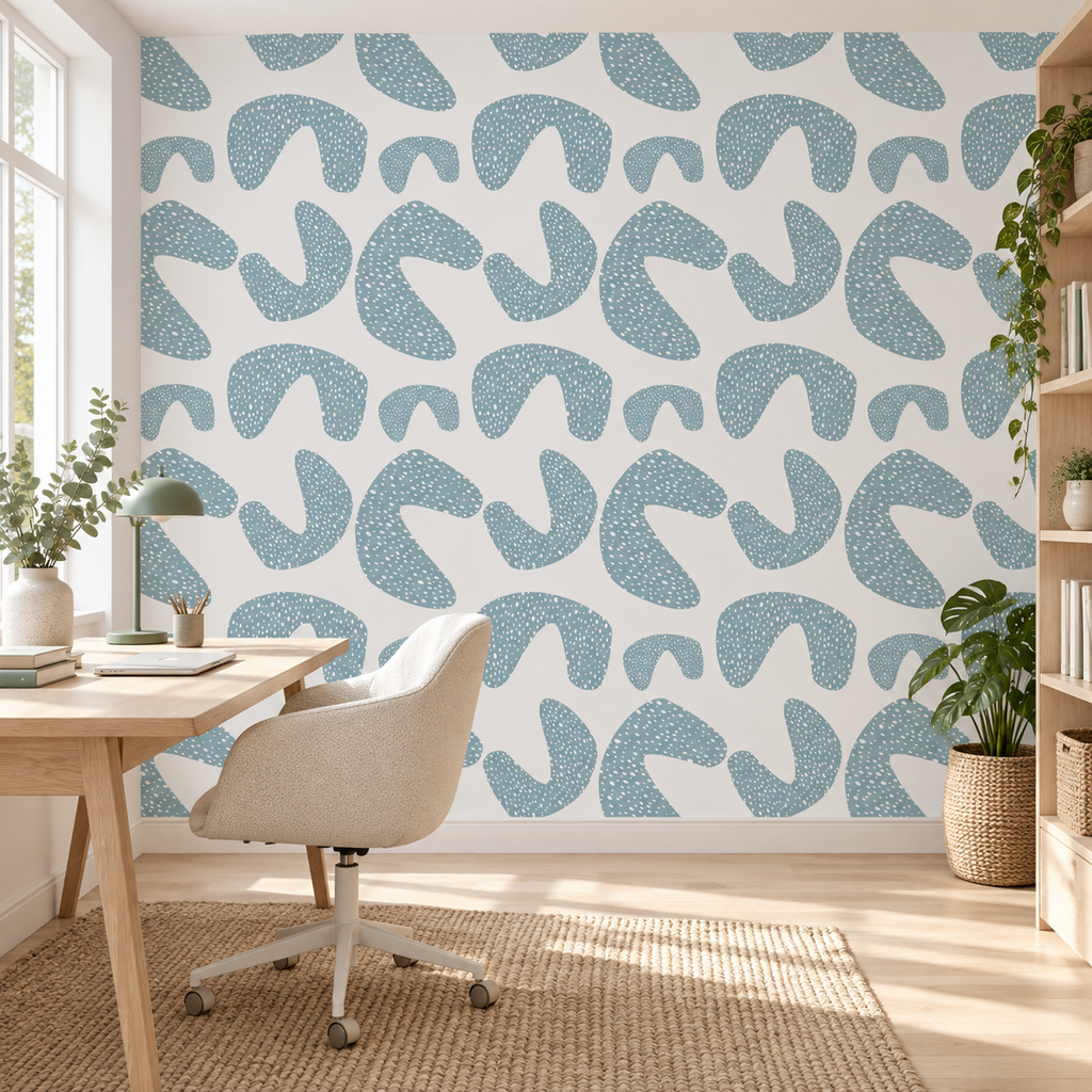 Pebble Shapes, peel and stick wallpaper styled on a feature wall