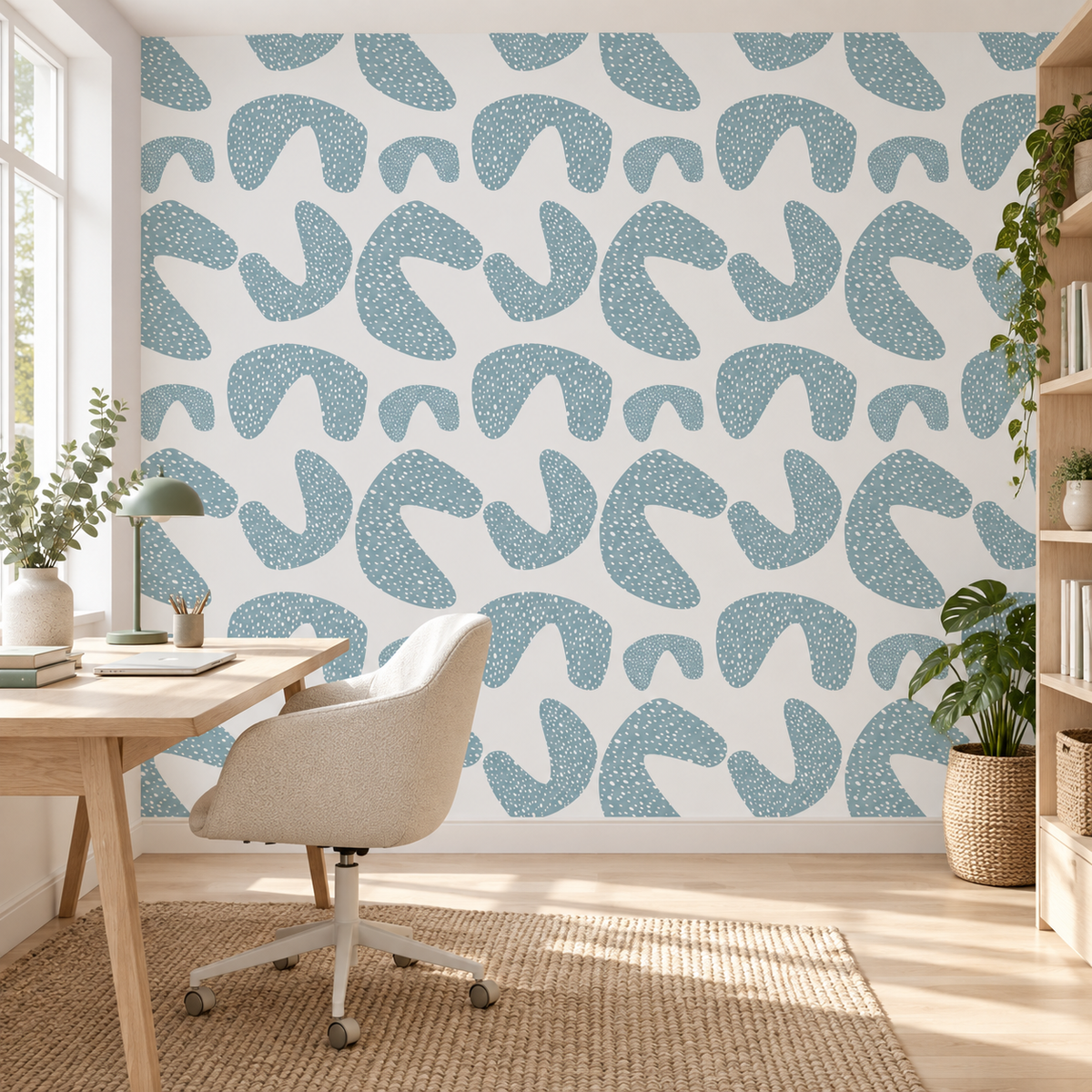 Pebble Shapes, peel and stick wallpaper styled on a feature wall