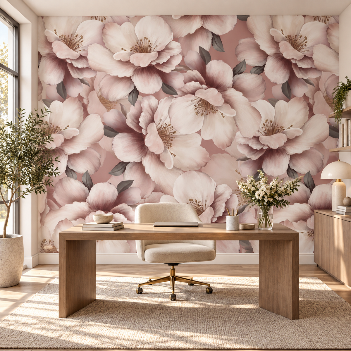 Peony Bloom, peel and stick wallpaper styled on a feature wall