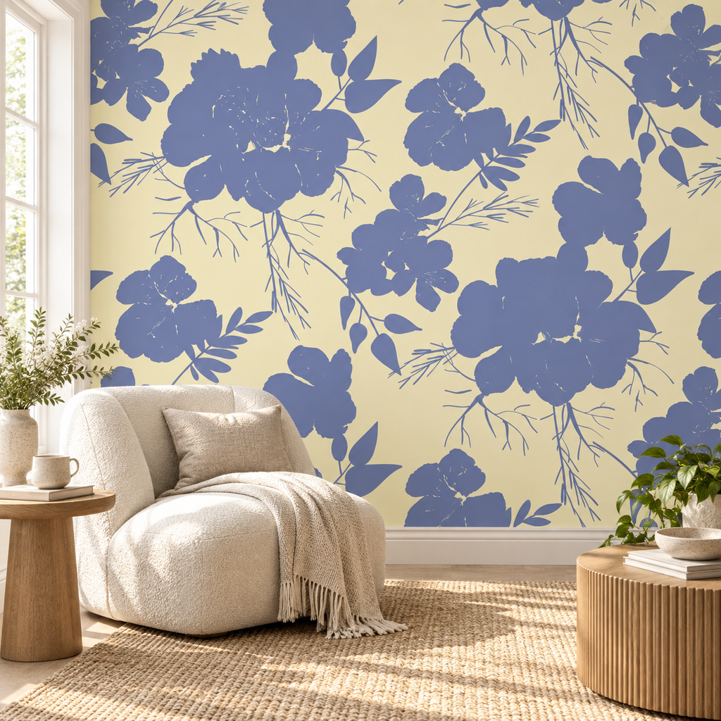 Periwinkle Blossoms, peel and stick wallpaper styled on a feature wall