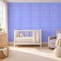 Periwinkle Check peel and stick wallpaper styled on a feature wall