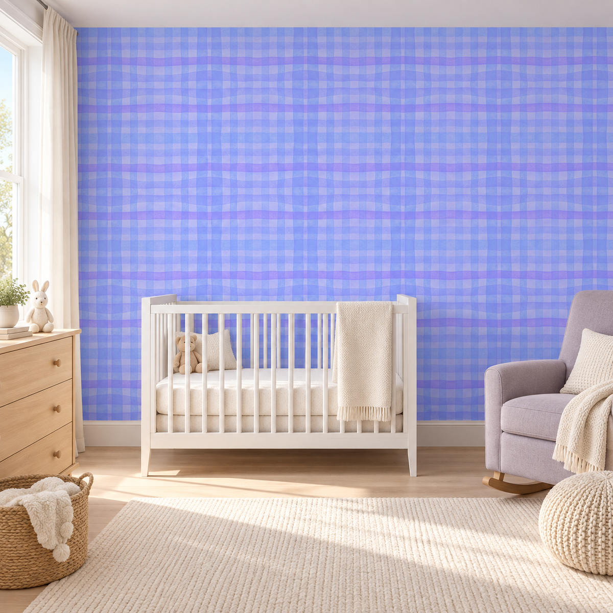 Periwinkle Check peel and stick wallpaper styled on a feature wall