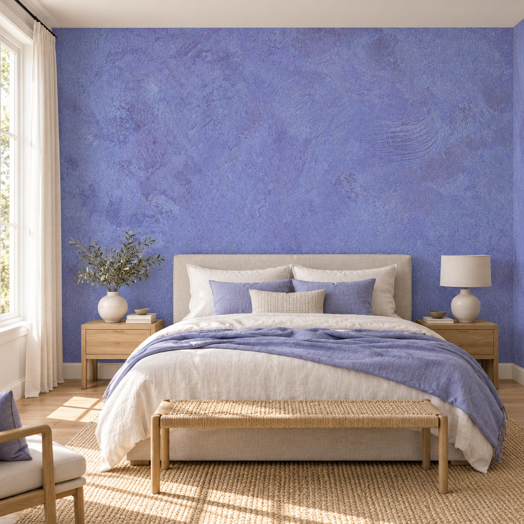 Periwinkle Wash, peel and stick wallpaper styled on a feature wall