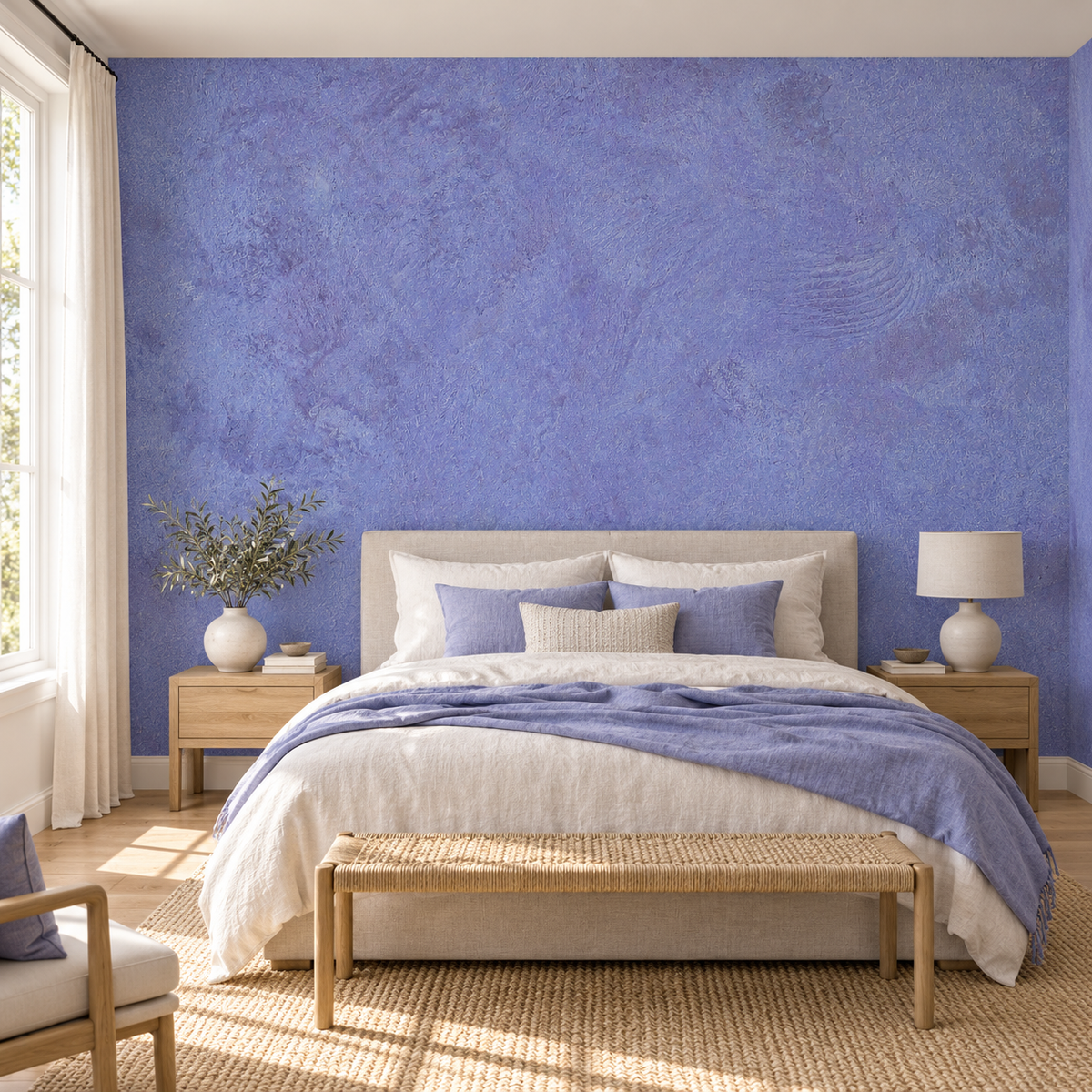 Periwinkle Wash, peel and stick wallpaper styled on a feature wall