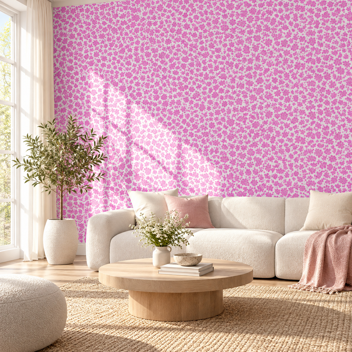 Petal Confetti, peel and stick wallpaper styled on a feature wall