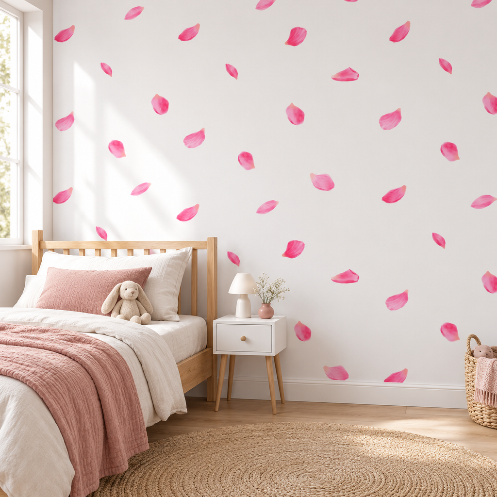 Petal Drift peel and stick wallpaper styled on a feature wall