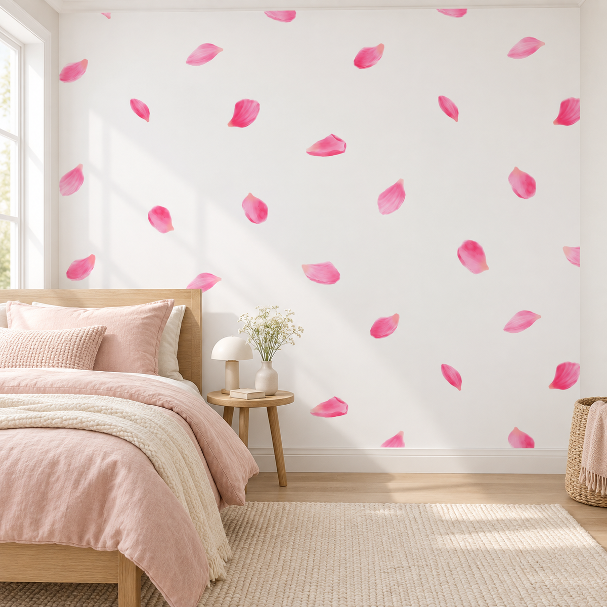 Blush Petals, peel and stick wallpaper styled on a feature wall