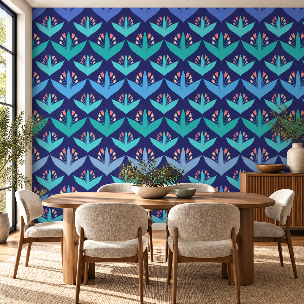 Petal Geometry, peel and stick wallpaper styled on a feature wall