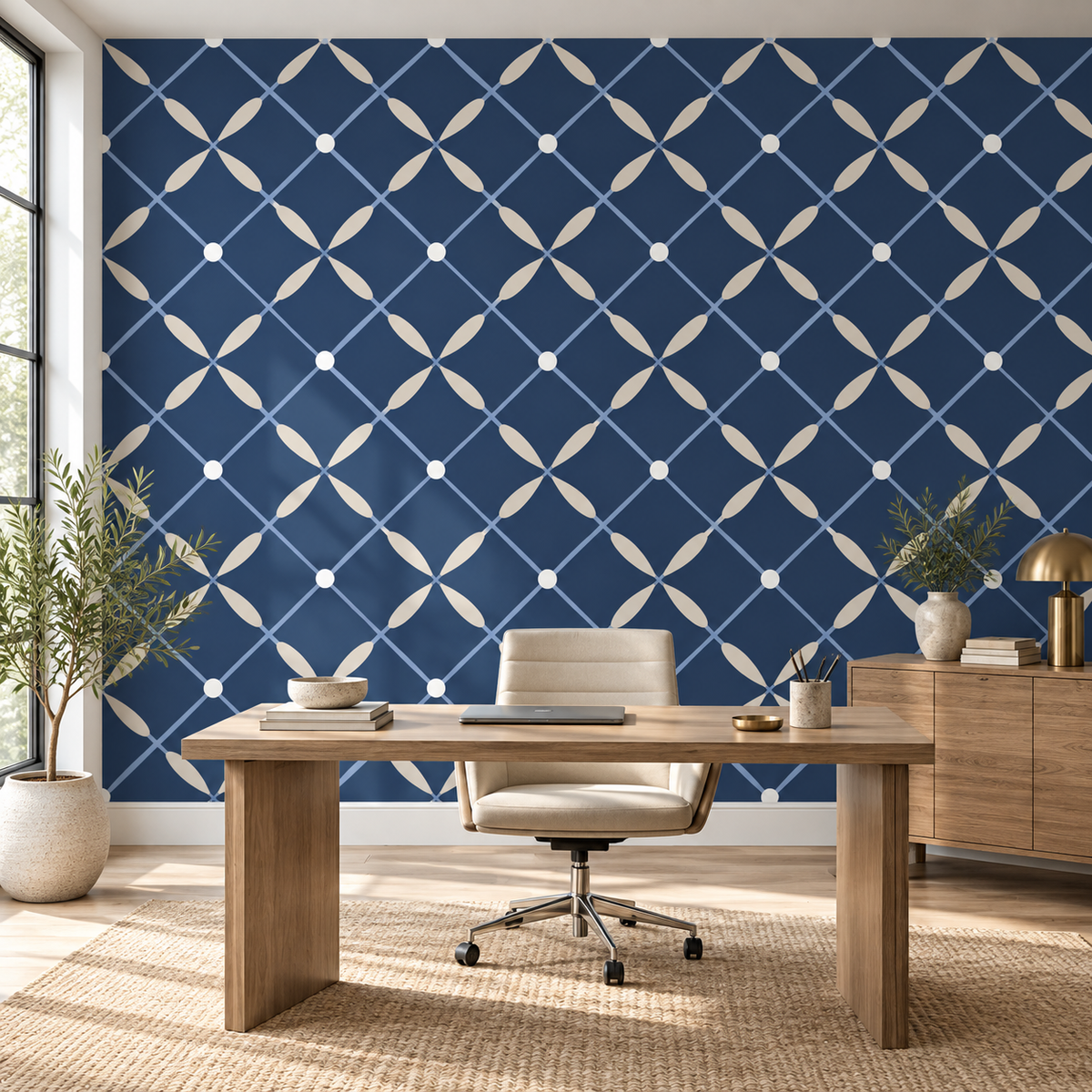 Petal Lattice, peel and stick wallpaper styled on a feature wall