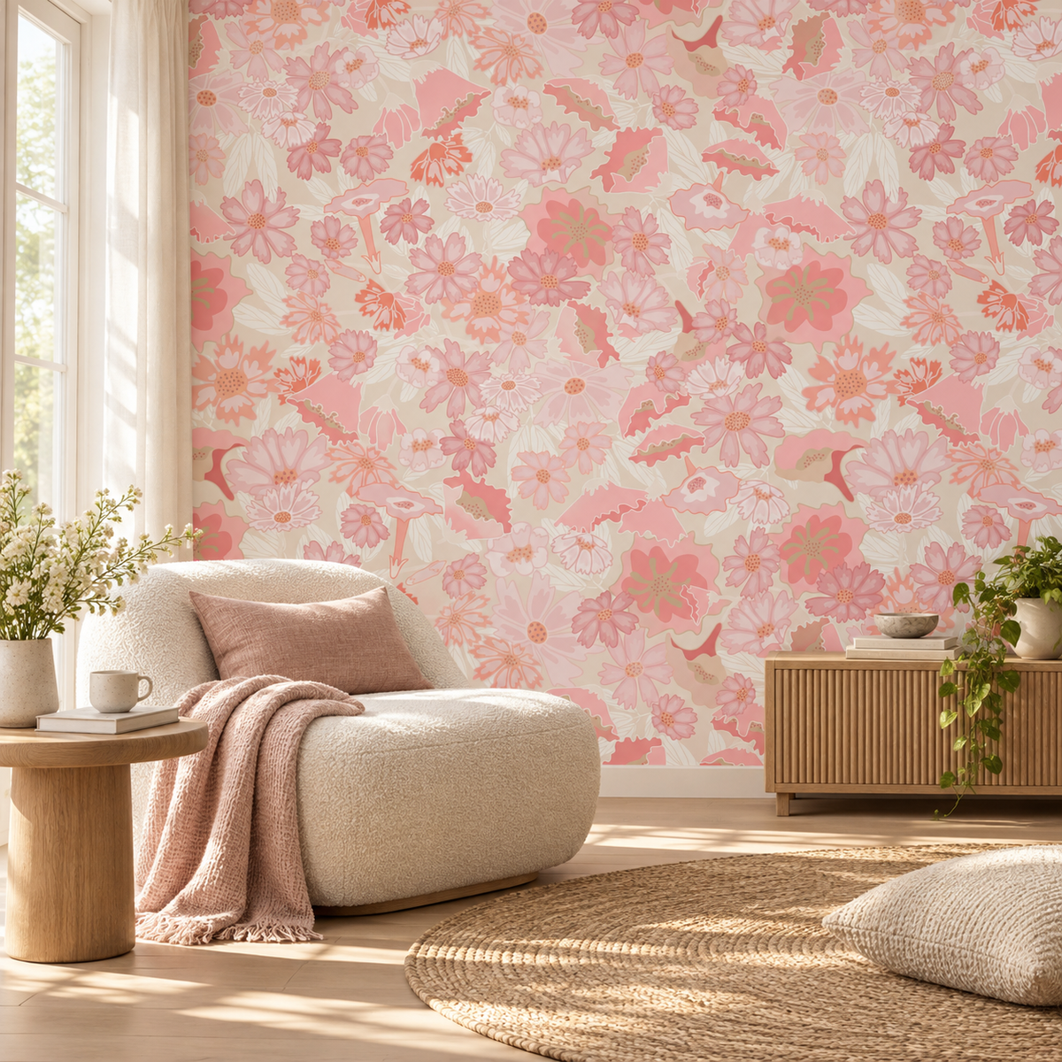 Petal Meadow, peel and stick wallpaper styled on a feature wall